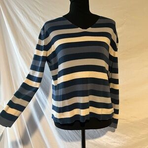 Liz Claiborne Navy and Cream Striped V-Neck Sweater
